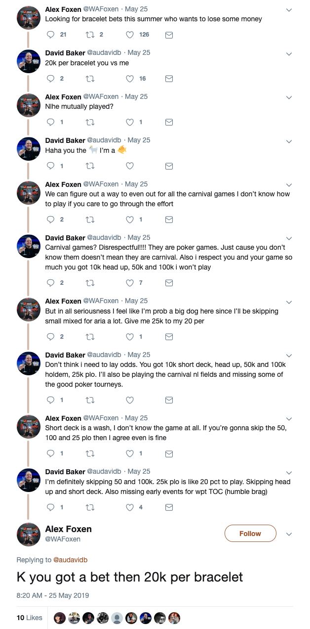 Alex Foxen 2019 bracelet bets with David Baker