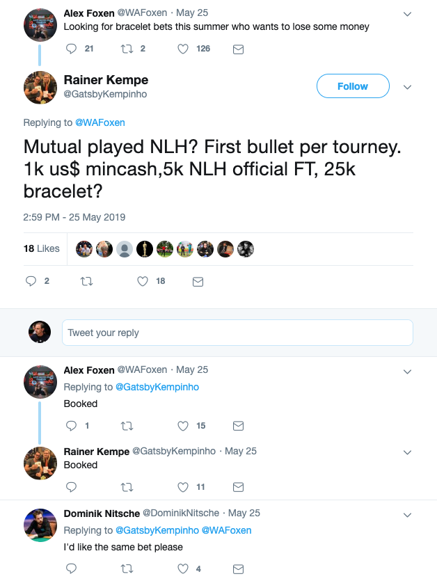 Alex Foxen 2019 bracelet bets with Rainer Kempe